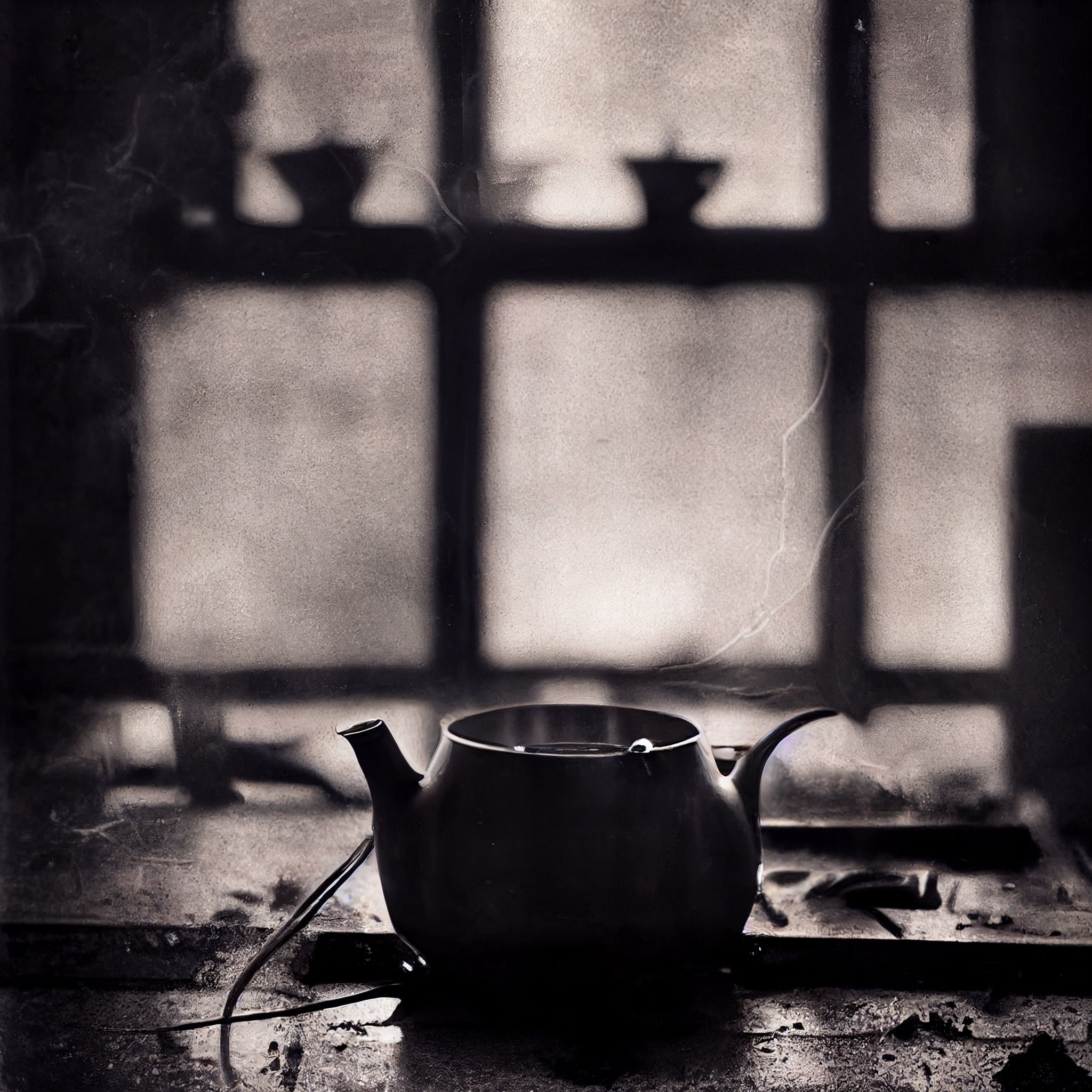Monochrome still life featuring a teapot in a moody, grayscale setting.