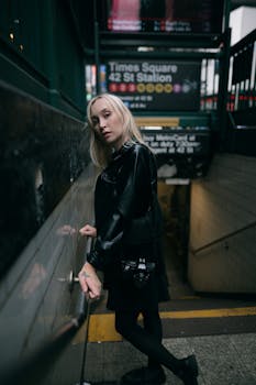 Blonde woman posing at Times Square subway. Urban city life vibe.