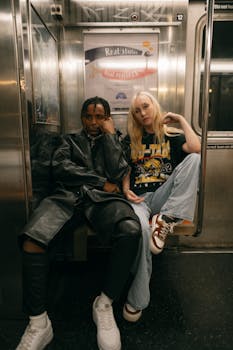 Stylish diverse couple posing in a subway train, showcasing urban fashion and attitude.