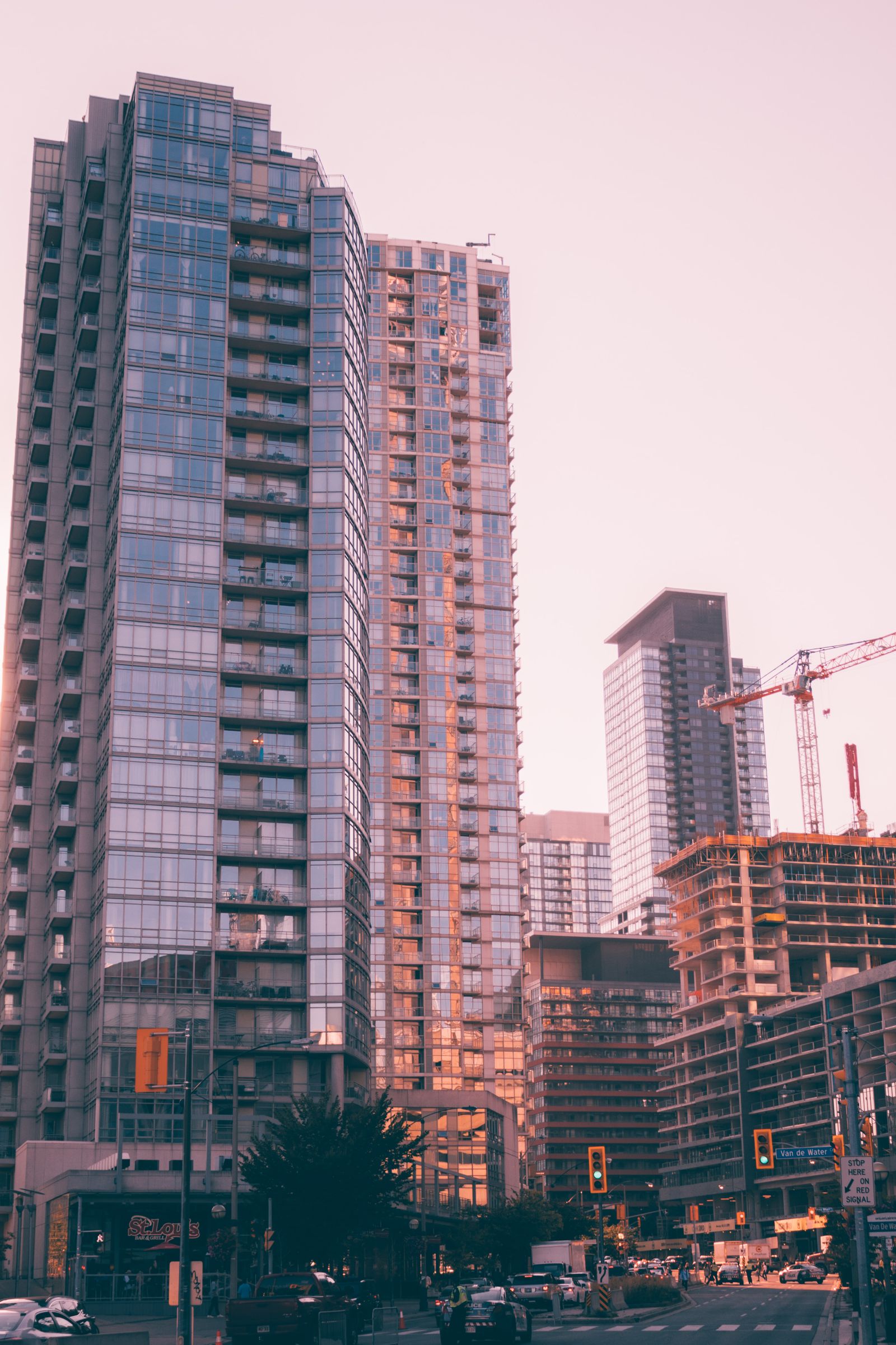 Bellevue towers and construction cranes at dusk