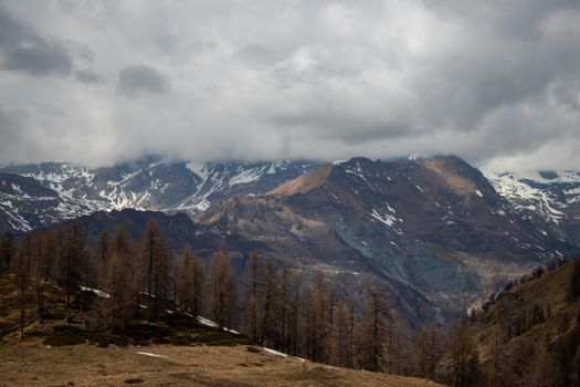 A breathtaking view of a mountain landscape with snow, clouds, and sparse trees.