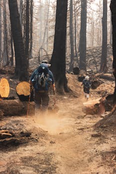 Two hikers navigating a charred forest path after a wildfire in McKenzie Bridge, Oregon.