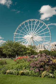 A scenic view of a ferris wheel in a Paris park, surrounded by lush greenery under a bright blue sky.