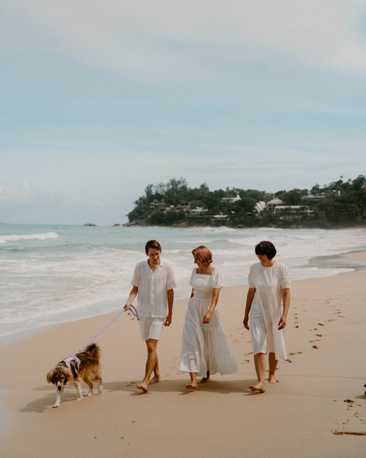 Friends Walking The Dog On The Beach 