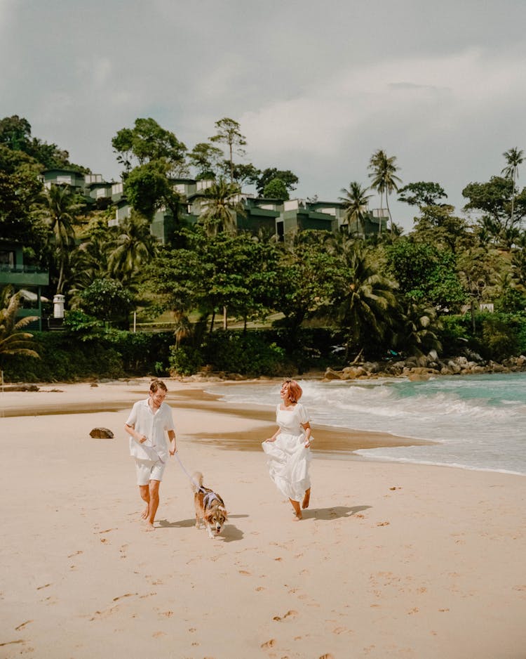 Man And Woman Running On The Beach With Their Dog 