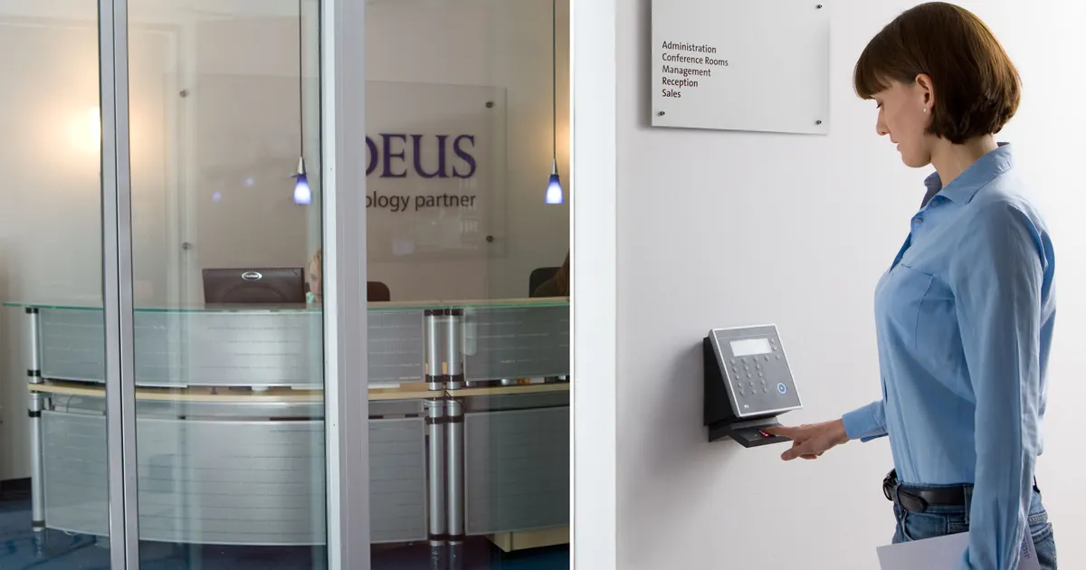 A woman holding a card to an access reader at an office entrance, representing Maryland surveillance pricing law 2026 grocery