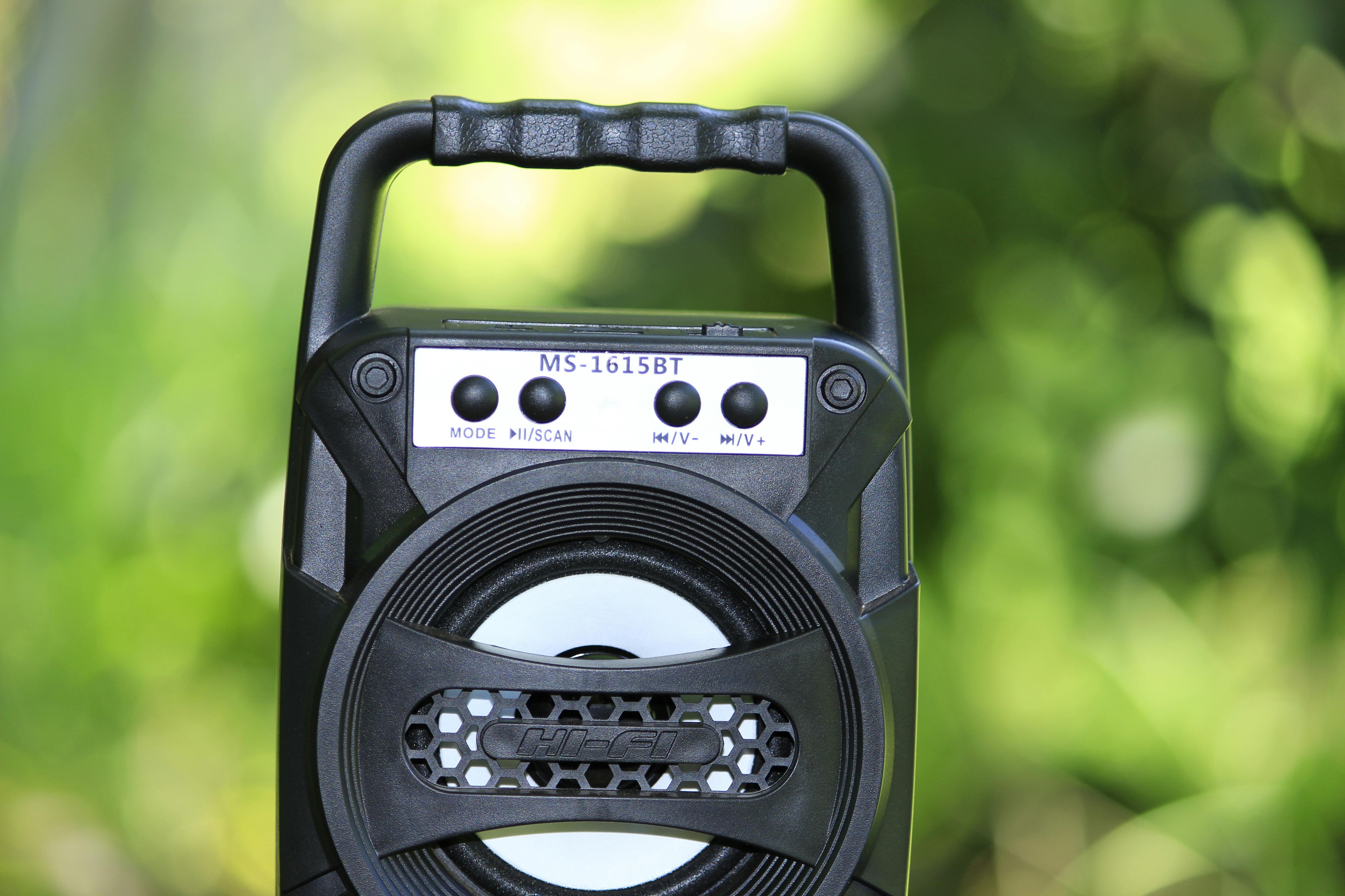 Close-up of a portable wireless speaker MS-1615BT with control buttons and handle in a green outdoor setting.