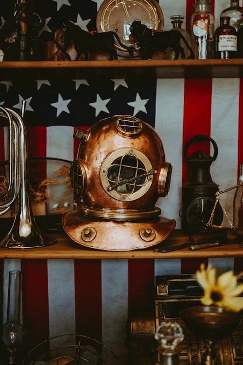 Vintage Diving Helmet on USA Flag Background