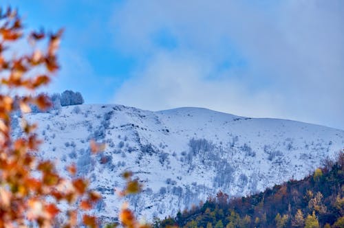 A Snow Covered Mountain Under the Blue Sky and White Clouds