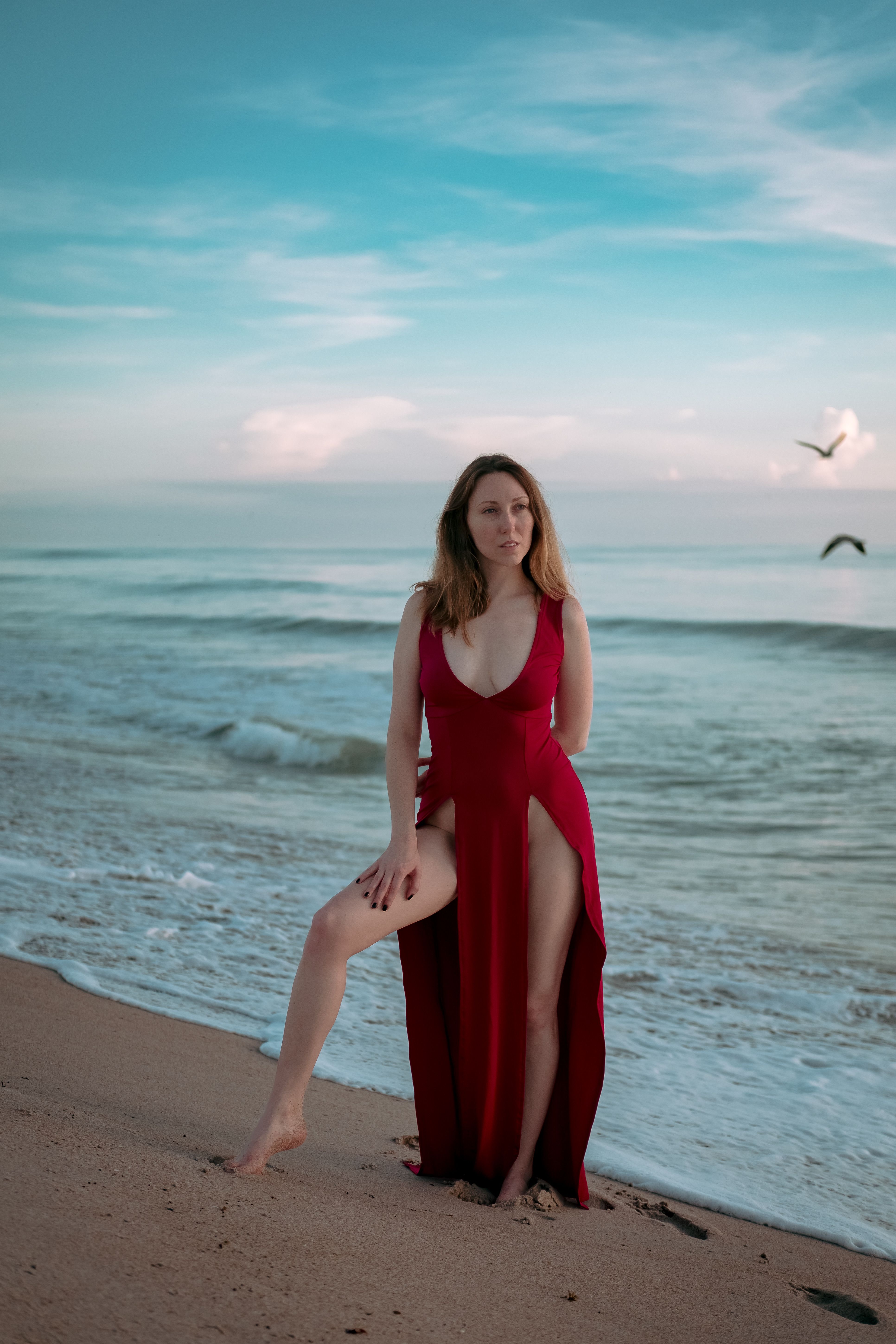 red dress lady beach skin & smiles [red dress, sunset photos, red hair, copper hair, curly  hair, big red dress, golden hour, beach pics, sunset beach pics] #reddress  #bigreddress #sunsetphotos #goldenhour #sunsetbeachpics #redhair  #copperhair #curlyhair