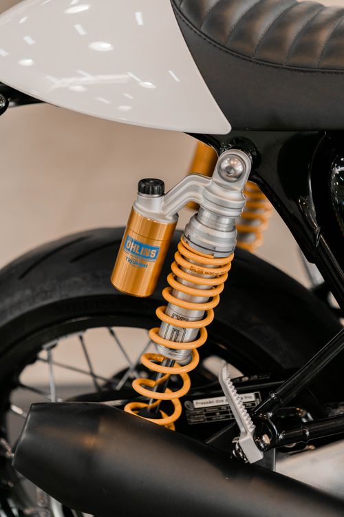 Free Detailed view of a motorcycle suspension system with a focus on the spring coil. Stock Photo