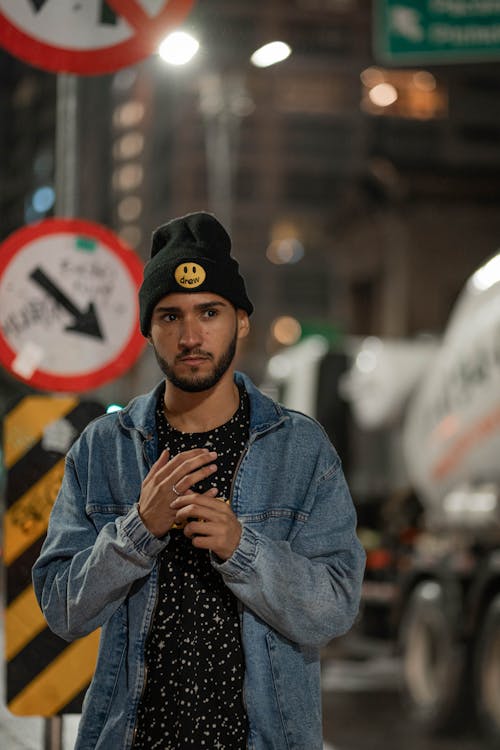 Man in Blue Denim Jacket and Black Beanie Hat