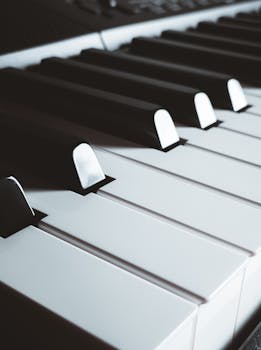Artistic close-up of piano keys with dramatic lighting highlighting texture and detail.
