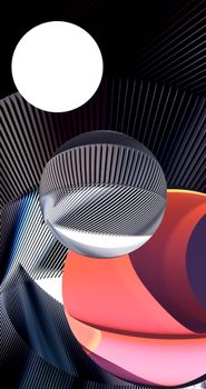 Contemporary abstract design featuring spheres and dynamic lines with vibrant colors.