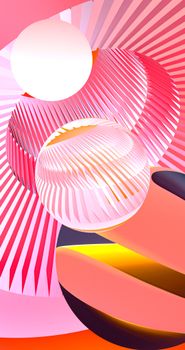 Colorful abstract art featuring dynamic geometric shapes and spheres in a vibrant mix of pink and yellow.