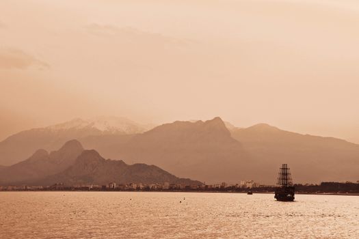 Sepia Seascape with Sailing Galleon