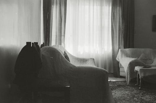 Grayscale photo of an indoor living space with draped furniture and natural light.