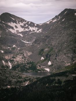 Scenic view of a rugged mountain range with a hidden alpine lake, captured from above with cloudy sky.
