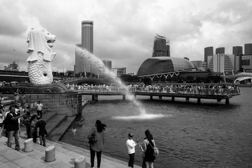 Grayscale Photography of People Walking Near Merlion Water Fountain