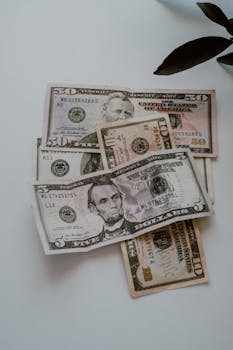 Close-up of various US dollar bills including $5 and $50 notes on a white surface.