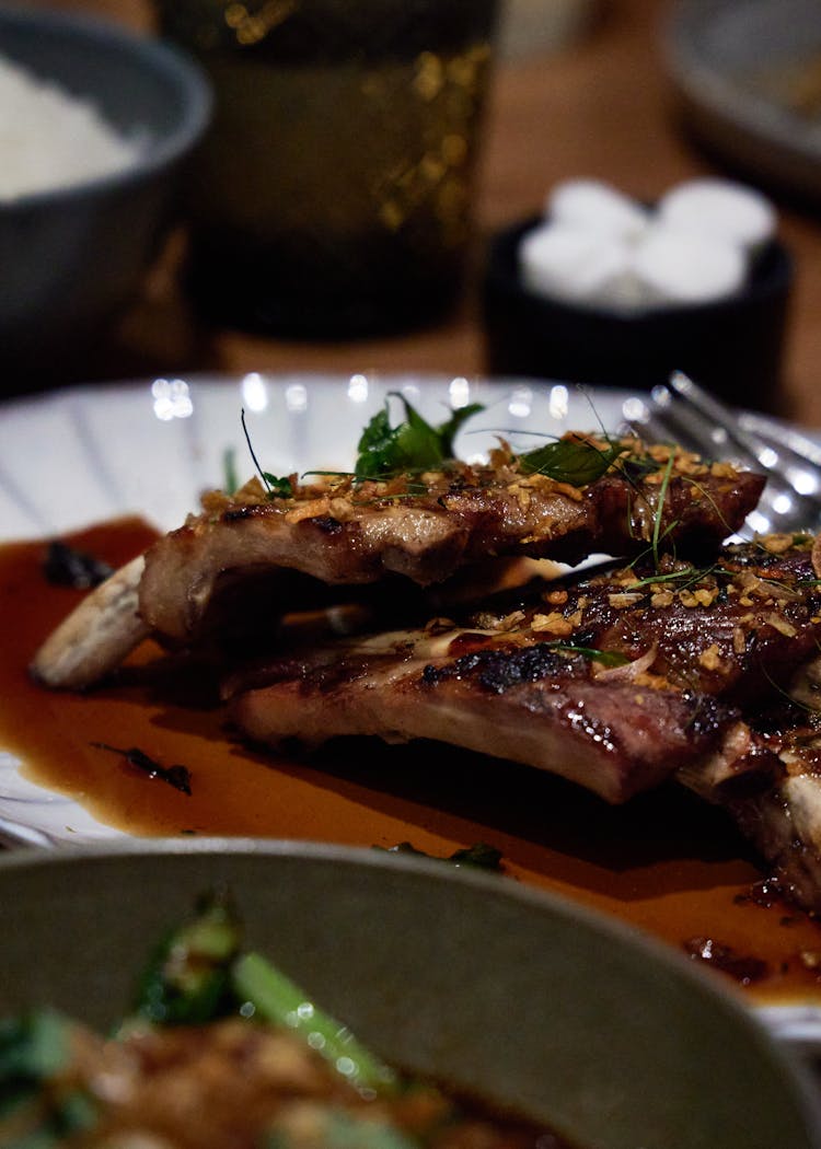 Cooked Meat On White Ceramic Plate