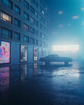 A parked car in a dimly-lit urban setting with a bookshop sign and illuminated building posters.