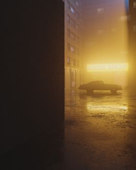 Atmospheric night scene in an urban alley with a vintage car and neon glow.