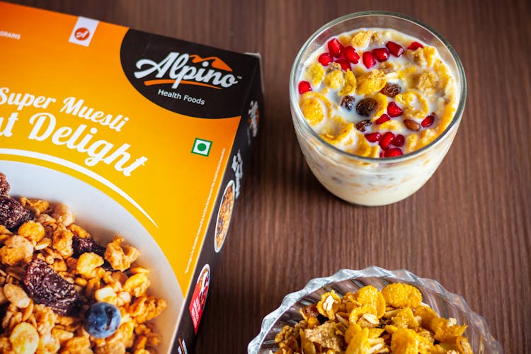 Delicious Cereals With Milk In A Clear Glass