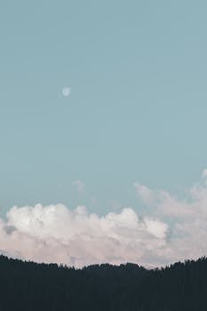 A peaceful scene of clouds and a moon above a forested landscape under a clear blue sky.