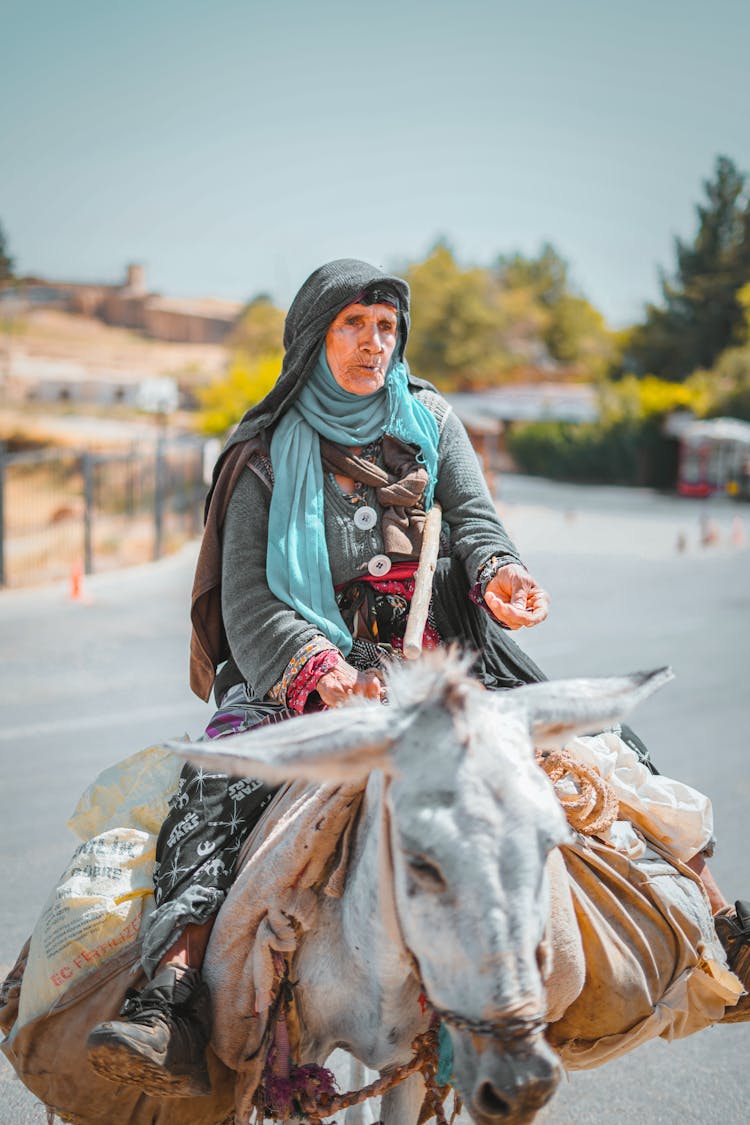 A Woman Riding A Donkey