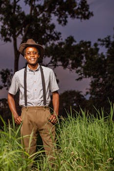 African American man wearing a retro hat and suspenders standing in a farm field at dusk in Lusaka.