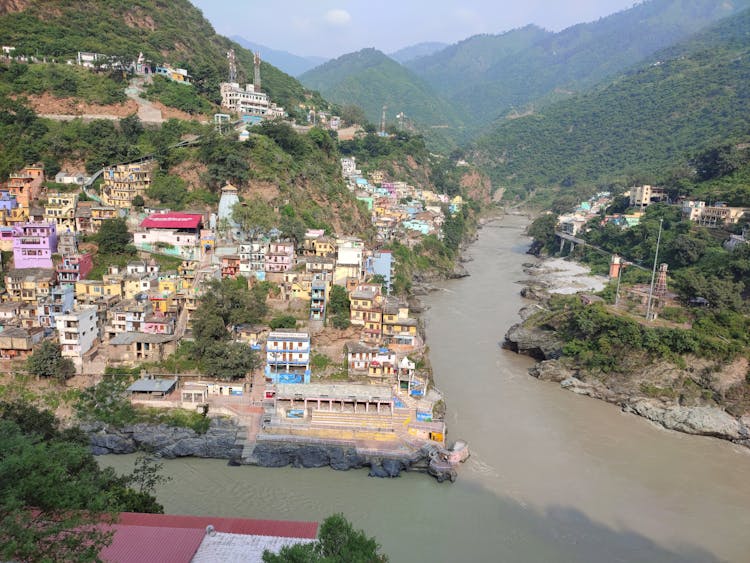 Aerial View Of A Town In Devprayag, Uttarakhand, India