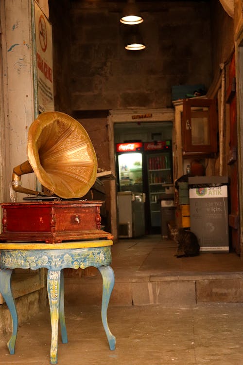 A Antique Brass Gramophone on the Table