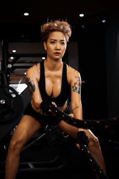 Tattooed woman intensely working out with battle ropes in an indoor gym.