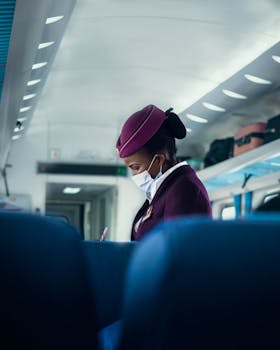 A flight attendant in a purple uniform wearing a surgical mask, attending to passengers in an airplane cabin.