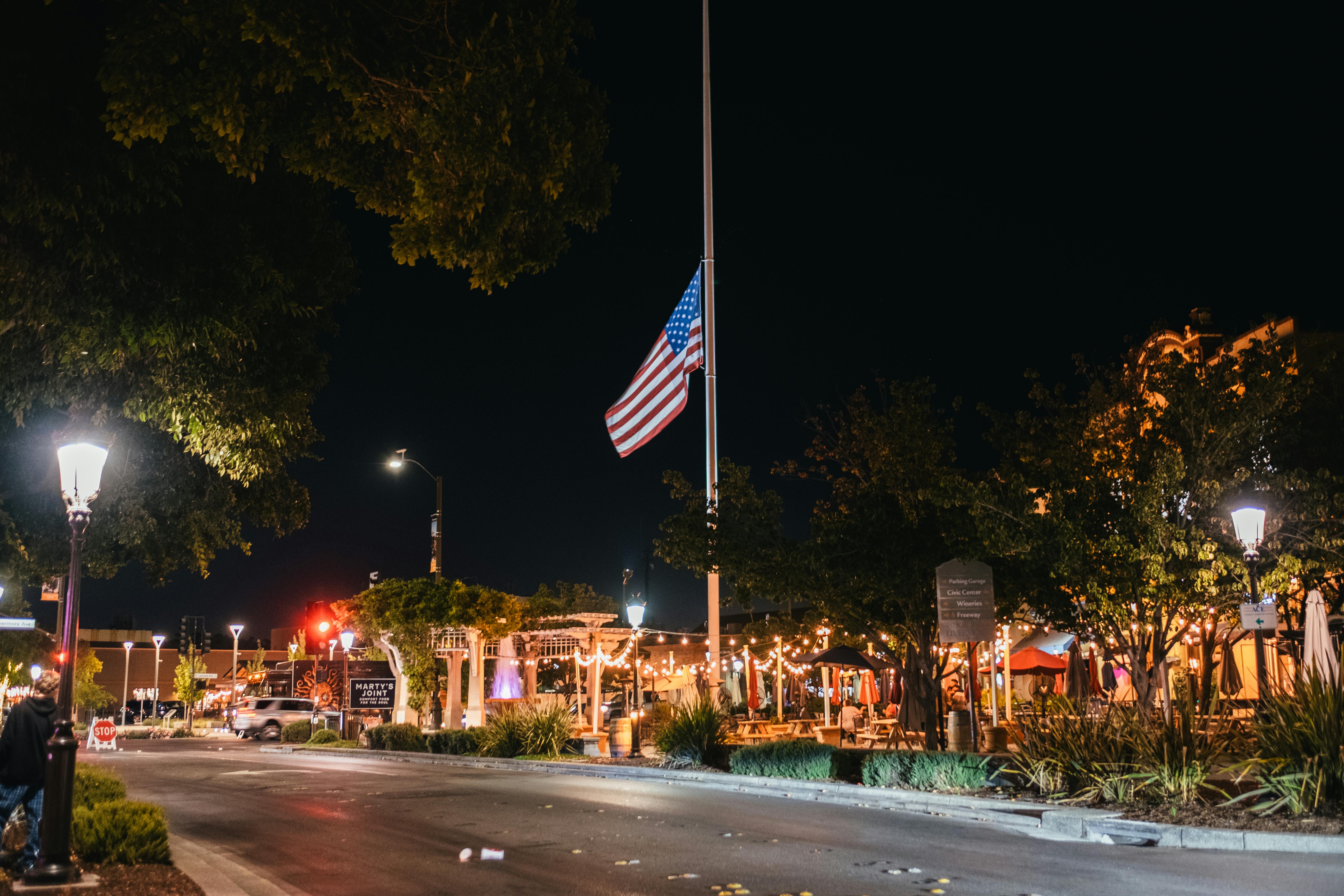 flag on pole on night city street