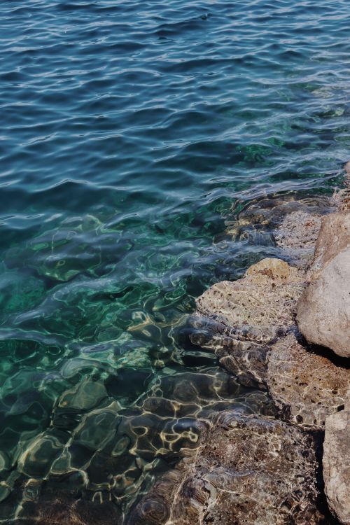 Free Tranquil view of clear ocean water meeting rocky coastal shore under sunlight. Stock Photo