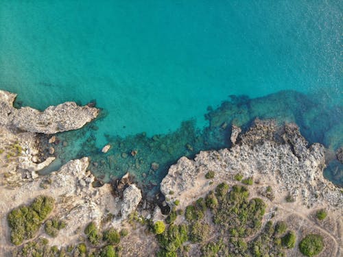 Drone Shot of a Rocky Coast and Turquoise Water 