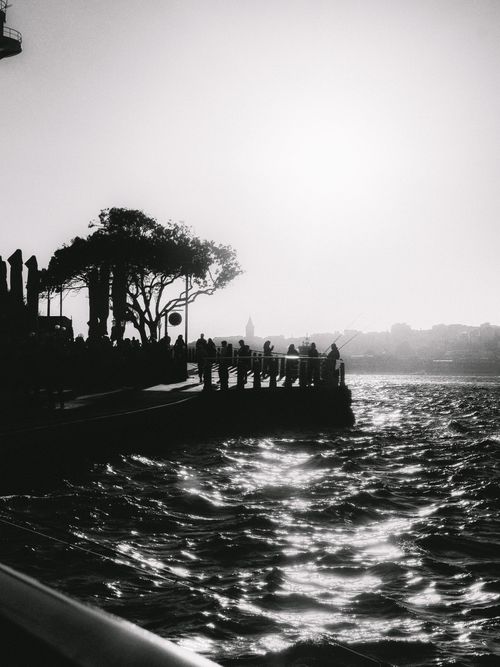 Free Black and white silhouette of people on a seaside promenade during sunset, reflecting serene and timeless beauty. Stock Photo