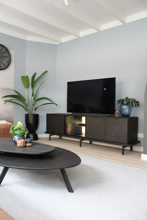 Free Elegant contemporary living room featuring sleek black furniture and indoor plants. Stock Photo