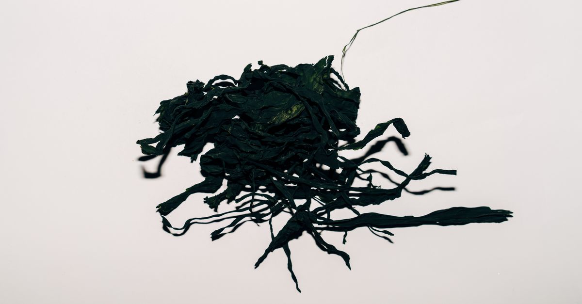 A high-angle shot of dried seaweed, showcasing its texture against a flat white background. - Evidence evidence guide for seaweed iodine supplementation thyroid function meta-analysis