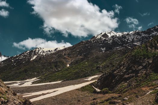 Breathtaking view of snow-capped mountains with clear skies and rugged terrain, perfect for nature enthusiasts.