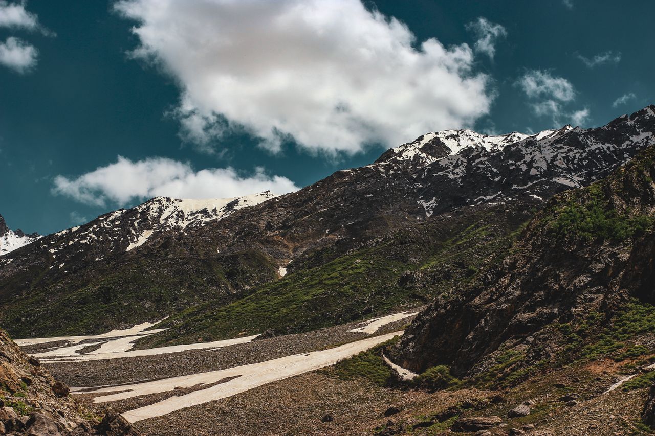 breathtaking view of snow capped mountains with clear skies and rugged