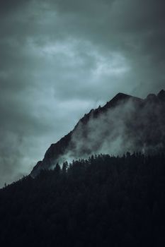 Dramatic mist envelops a rugged mountain peak above a dark forest, creating a moody landscape.