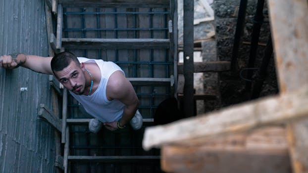 Young man in a white tank top looking up from a staircase in an urban environment.