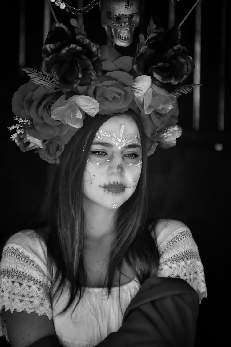 Grayscale Photo Of A Woman In Halloween Costume