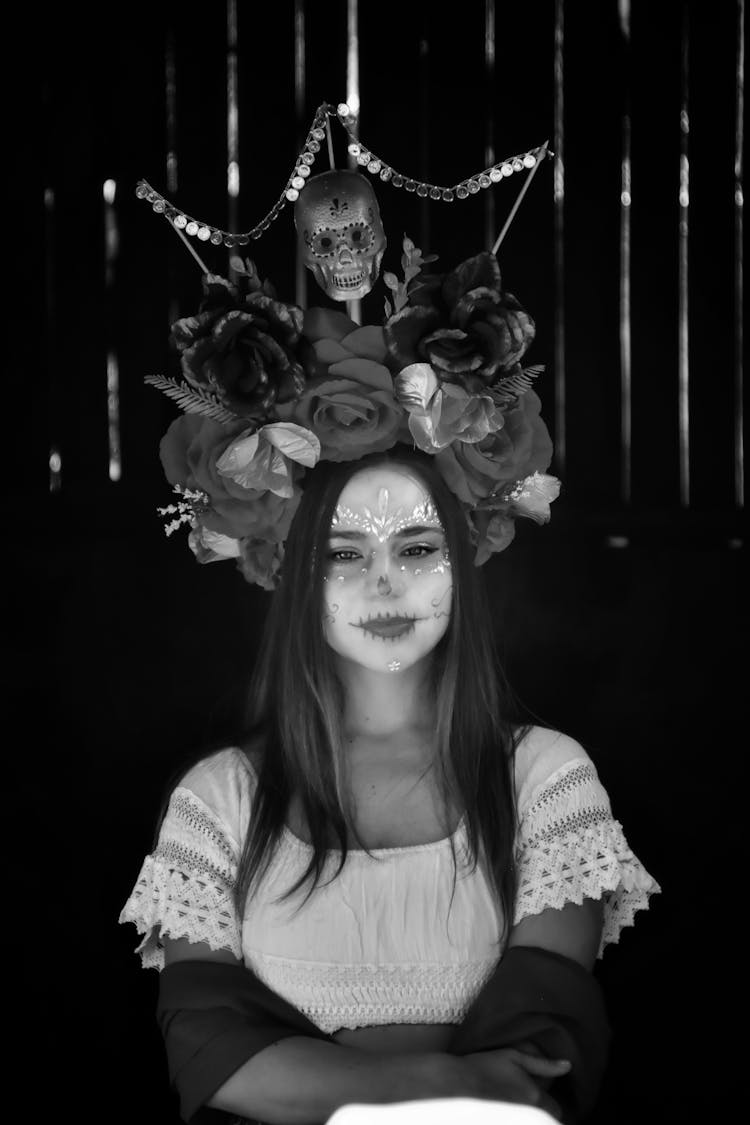 Grayscale Photo Of A Woman In Halloween Costume