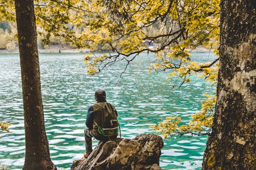 Photo of Man Sitting on Rock Near Lake