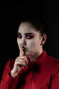 Asian woman with dramatic makeup in red clothing making hush gesture against black background.
