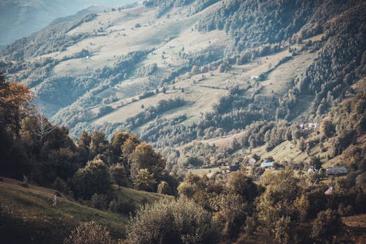 白天，连绵起伏的山丘和零散的房屋点缀着美丽的山地景观
